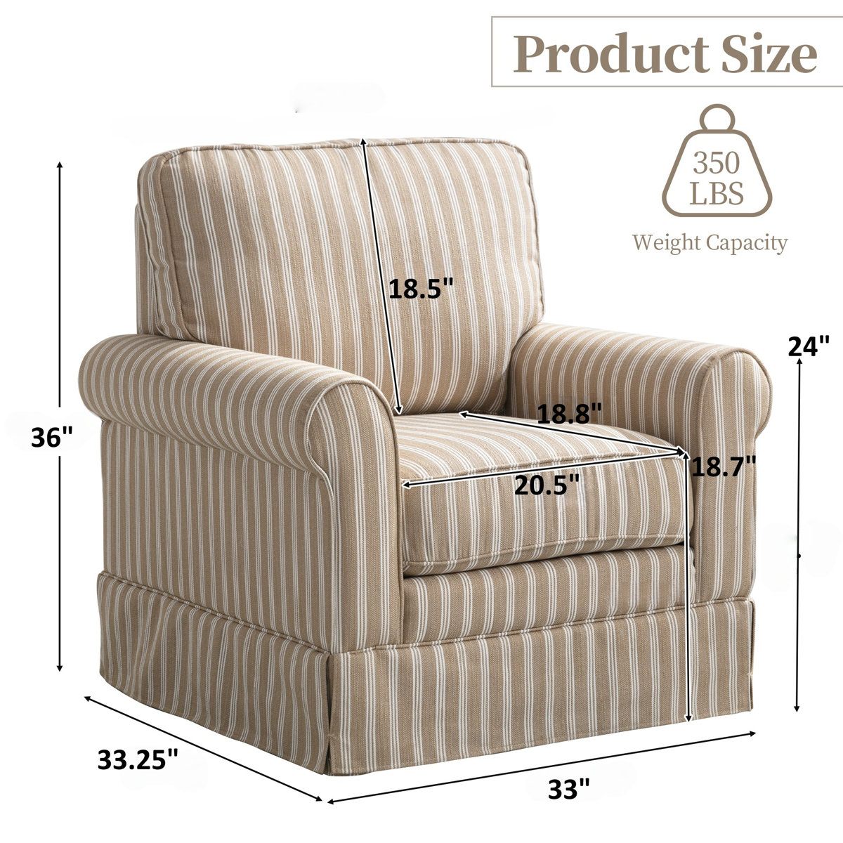 Eilzabeth 33" W Modern Soft Wide Upholstered Striped Swivel Arm Accent Chair